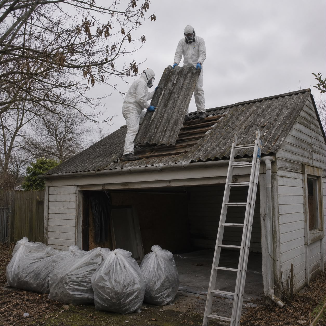 EPA certified specialists removing asbestos wall insulation in residential property